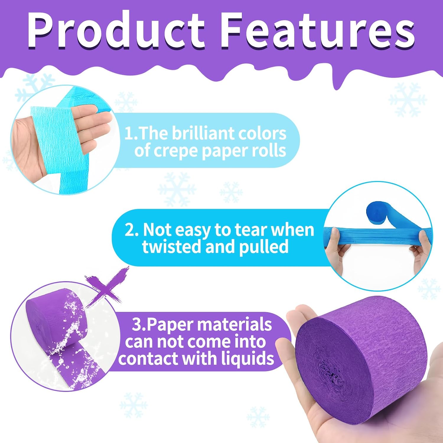 Frozen Birthday Party Decorations, 8 Rolls Purple Blue White Crepe Paper Streamers for Winter Princess Christmas