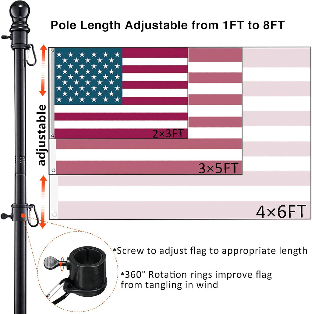 Flag Pole Kit for Outside House in Ground - 8FT Black Metal Outdoor House Yard Garden Flag Pole with 2 Pronges Base