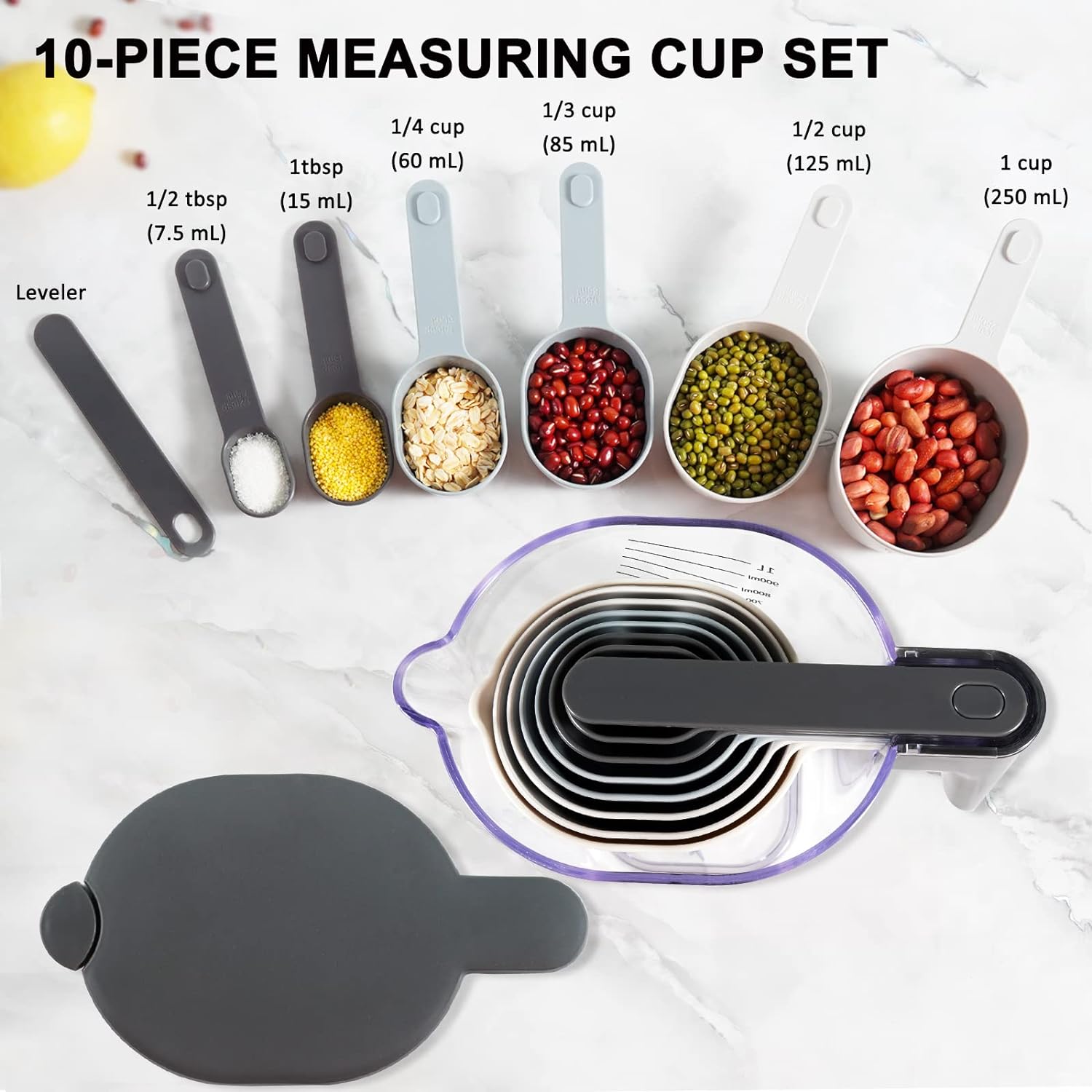 Measuring Cups and Spoons set 10 Pieces, Stackable Measuring Cup with Lid, Kitchen Cooking Baking Measuring Spoons