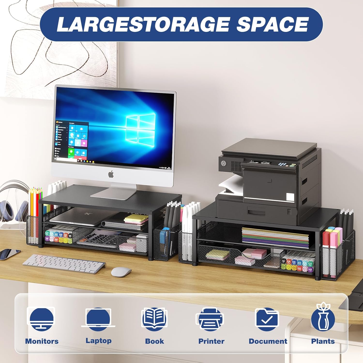 Desk Organizer and Accessories, 2-Tier Computer Monitor Stand Riser with Drawer and 2 Pen Holders, Laptop Stand