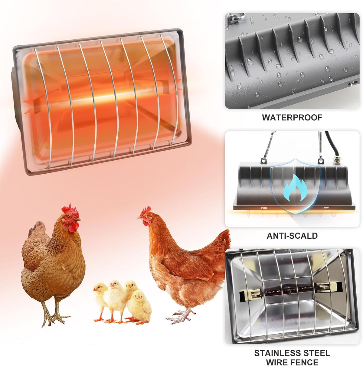 Chicken Coop Heater Lamp 250W Winter Hanging Heat Lamp for Chickens Incubators Temperature Adjustable Chicken Brooder