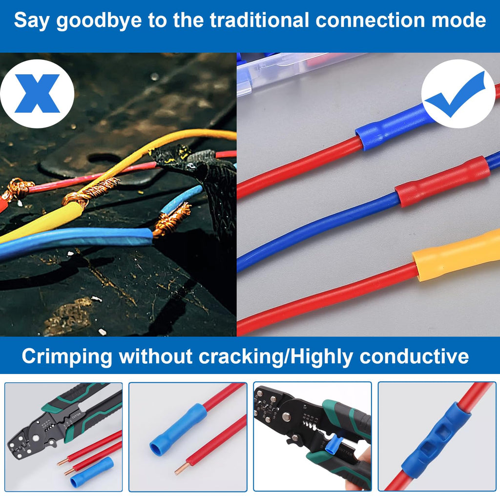 210 Pcs Butt Splice Connectors Kit 22-10AWG Butt Wire Connectors Assorted Butt Splice Crimp Connectors Wiring
