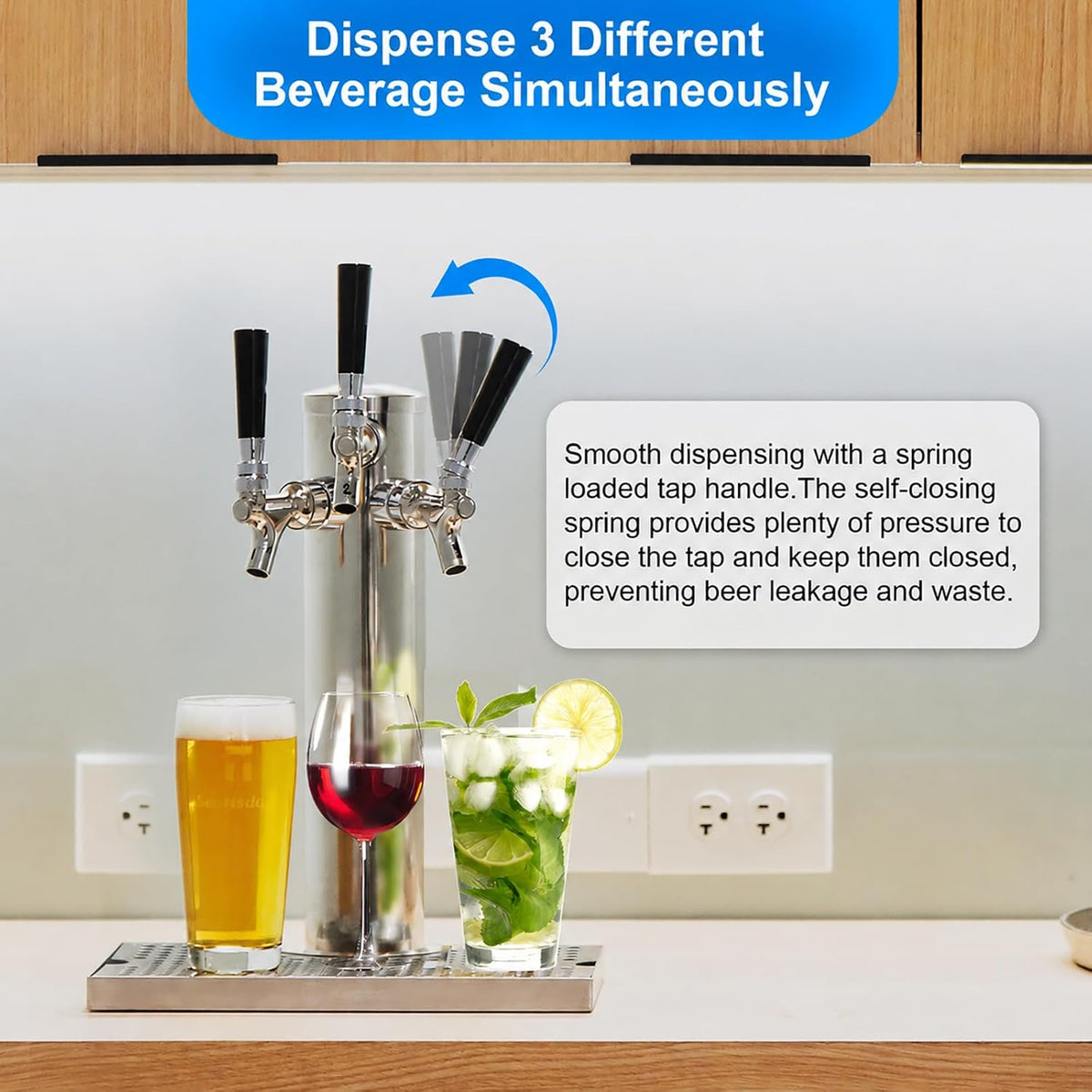 Kegerator Tower Standard 3 Tap Beer Tower with Self-Closing Beer Faucet