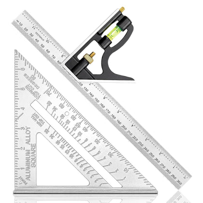 Combination Square 12 Inch and 7 Inch Carpenter Square Tool Set | Aluminum Rafter Square for Framing, Adjustable