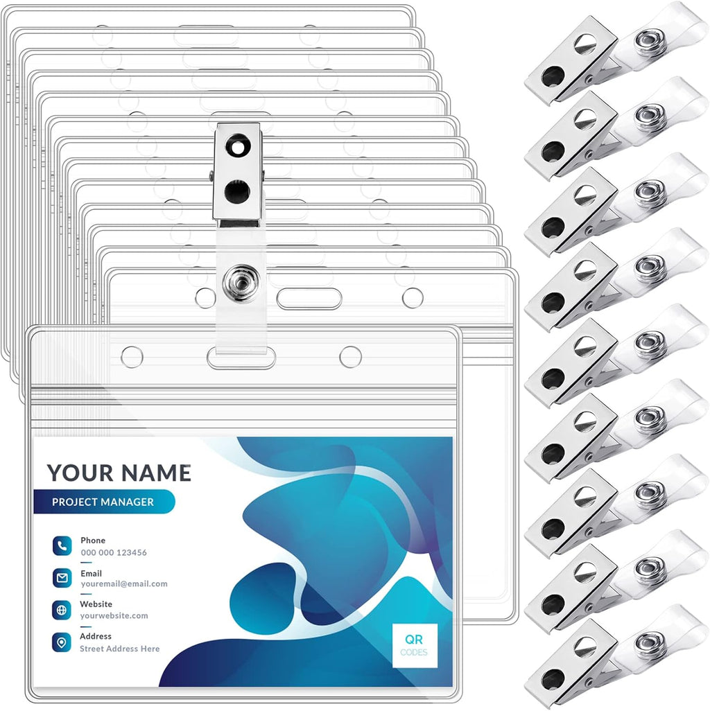 100 Sets Badge Holders and Metal Clips Horizontal Name Tag Holder with Clip | Clear ID Card Holder with Clip