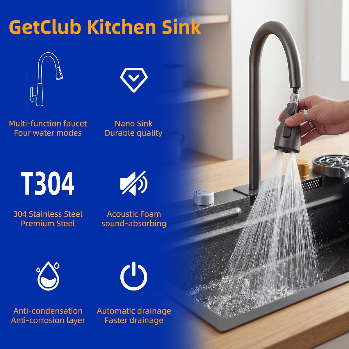 33” x 22” Workstation Kitchen Sink Black Stainless Steel Drop-In Sink with Honeycomb Embossing Glass Single Bowl with