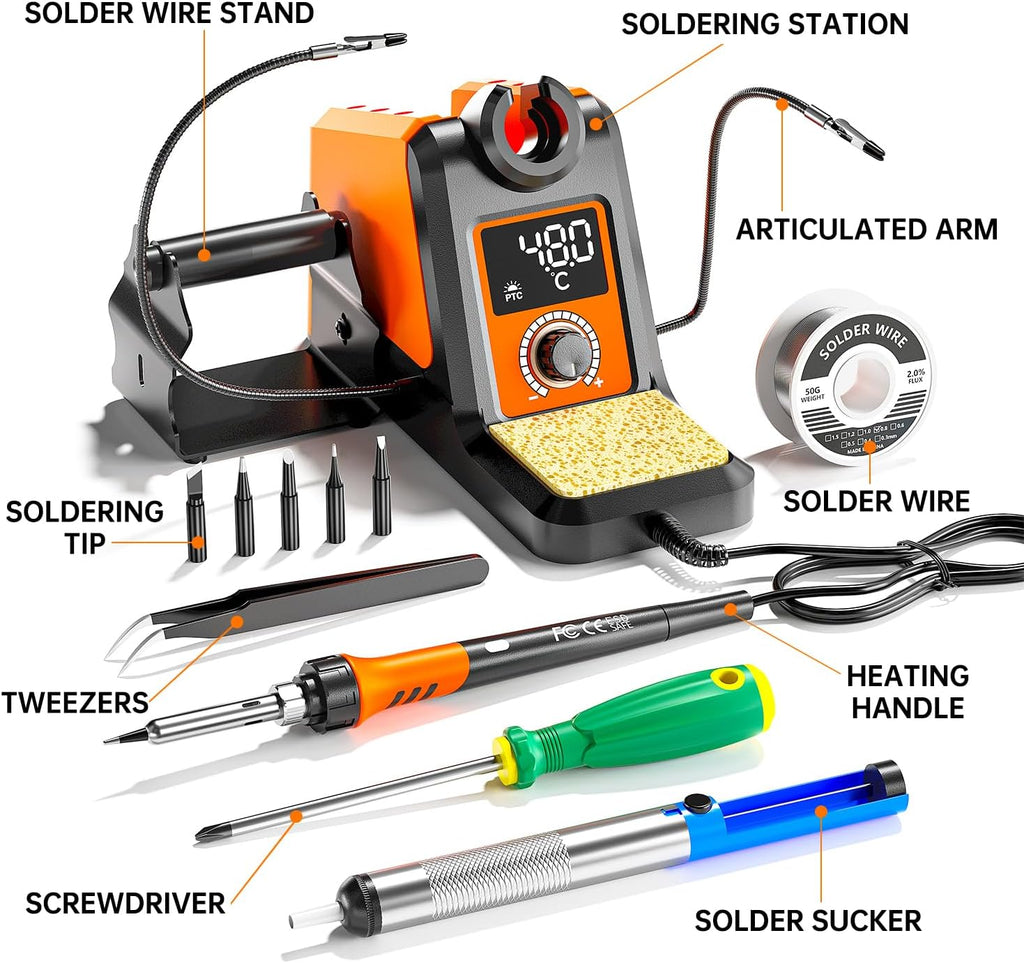 Digital Soldering Iron station Kit, 2 Auxiliary Clamps, 5 Soldering Iron Tips, Solder Wires, Solder Suckers