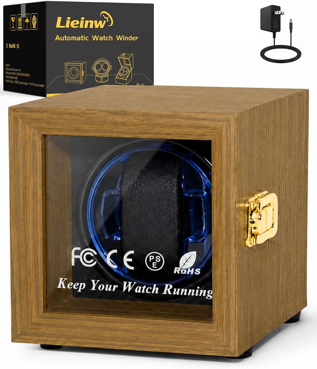 Watch Winder for Automatic Watches, Walnut Single Winding Watch Box with Blue LED & Japanese Quiet Motor for Rolex