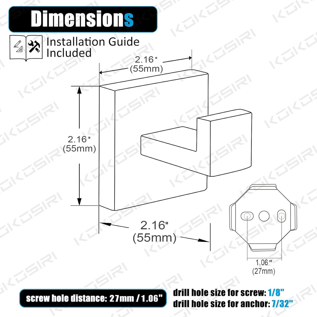 Bath Towel Hook Wall Mount Square Robe Hook Coat Hook, Bathroom Kitchen Garage Heavy Duty Wall Mounted, SUS 304