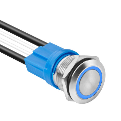 KWONONG LED Latching Push Button Switch, Stainless Steel, IP67 Waterproof 5-24V 20A 1NO, with Wire Socket Plug (1, Blue, 19mm)