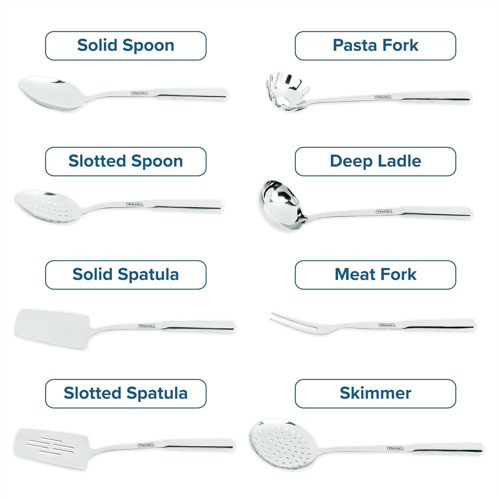 Kitchen Utensils Set, 8 Piece Stainless Steel Cooking Utensil Set, Includes Spatulas, Spoons, Pasta Fork, Deep Ladle
