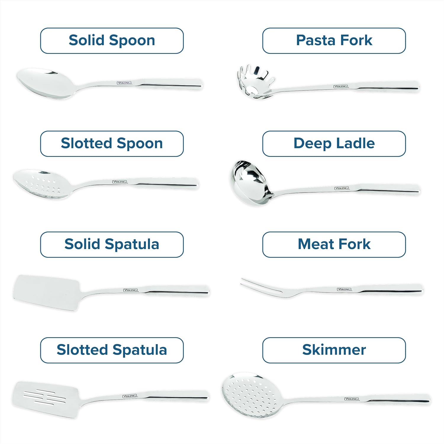 Kitchen Utensils Set, 8 Piece Stainless Steel Cooking Utensil Set, Includes Spatulas, Spoons, Pasta Fork, Deep Ladle