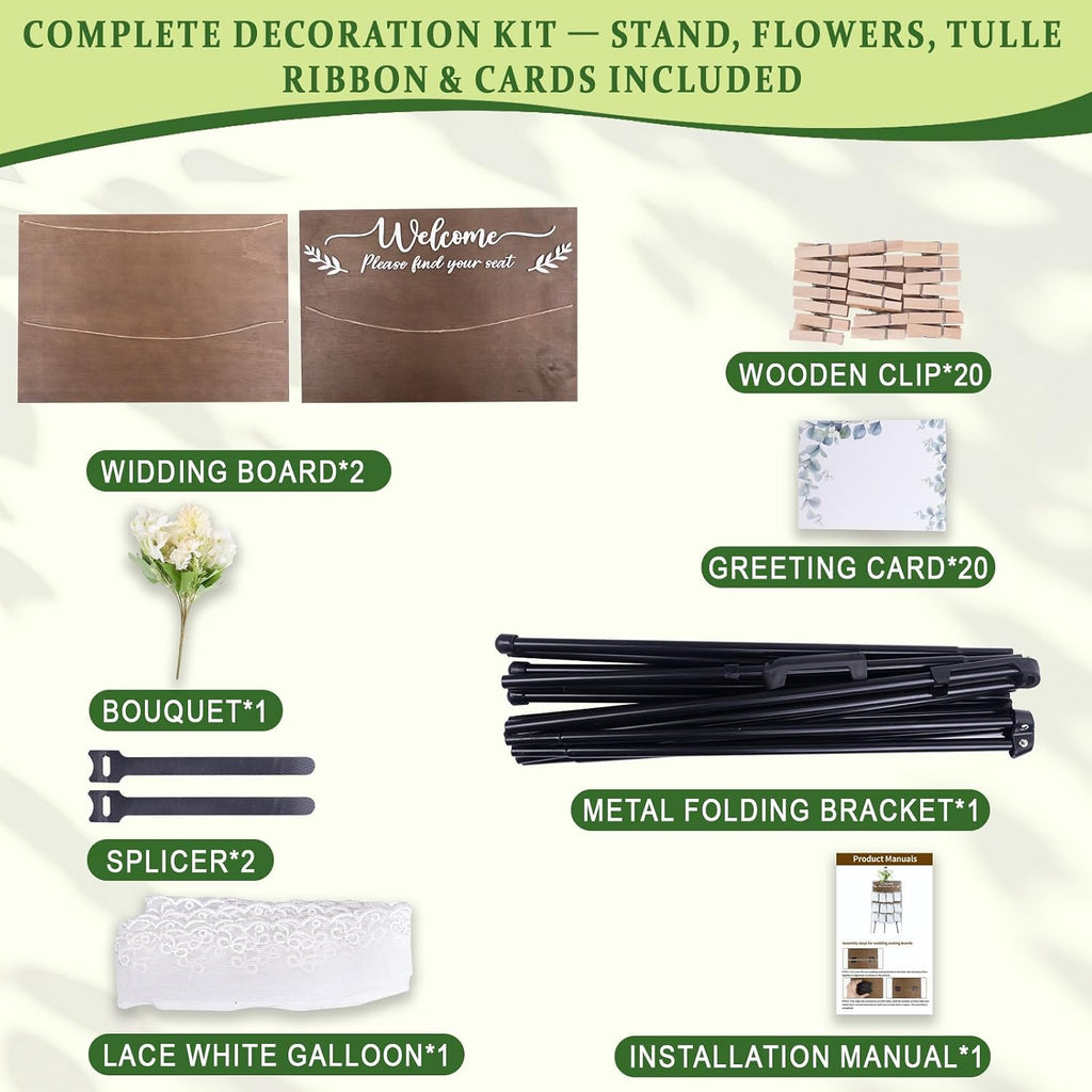 Wooden Wedding Seating Chart Board, Two Connectable Panels (23.7"×17"), 0.32" Thick, Foldable Design with Metal