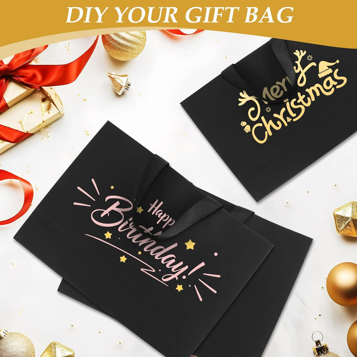 6 Pack Extra Large Black Gift Bags with Handles and Tissue Papers