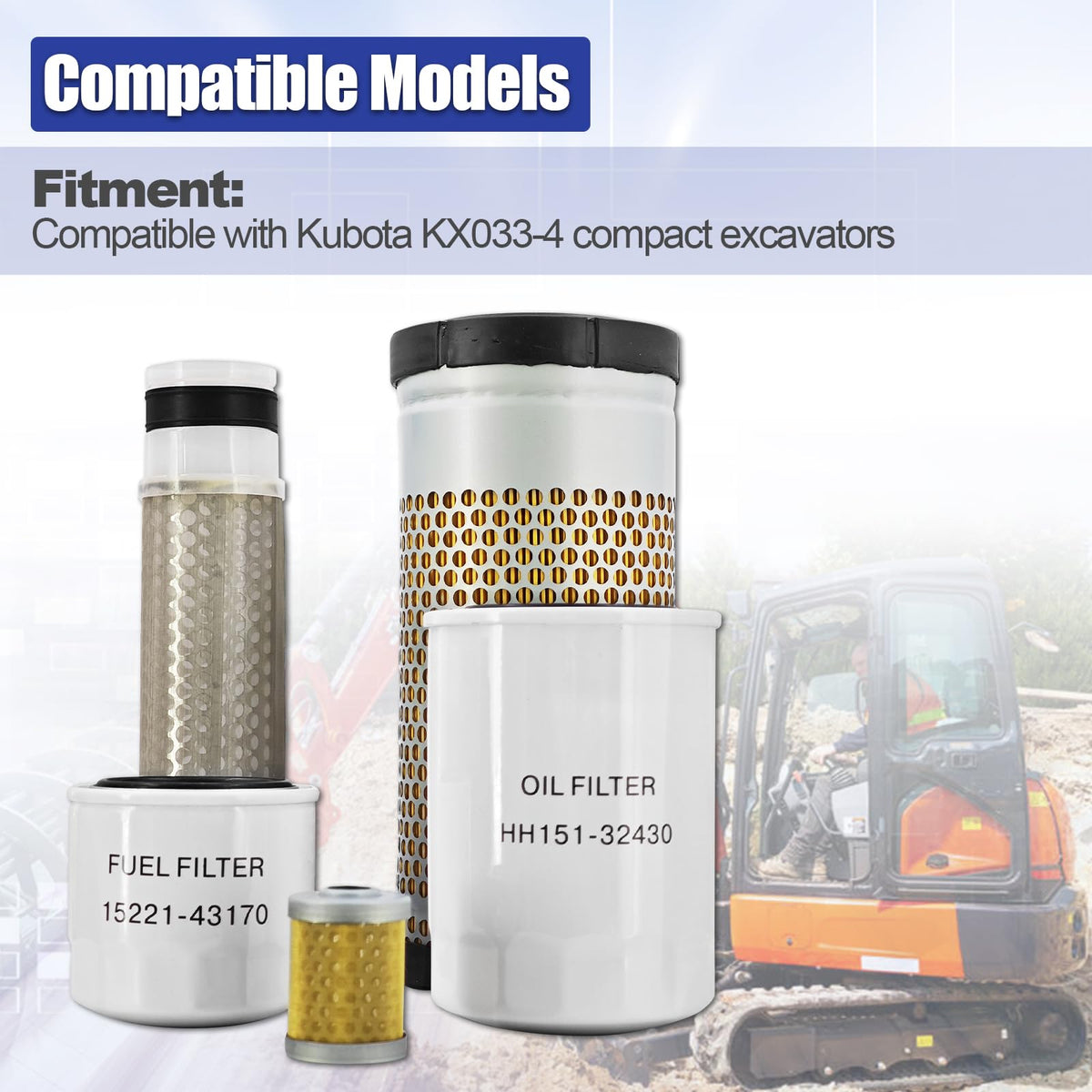 Blrack HH151-32430 Maintenance Filter Kit Fits for Kubota KX033-4