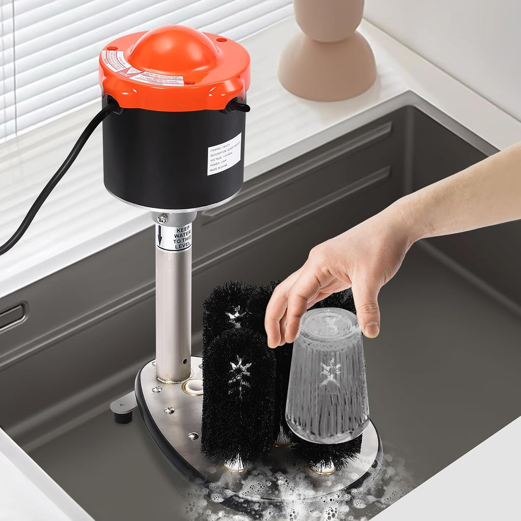 Electric Cup Cleaning Machine Commercial, 304 Stainless Steel Glass Washer for Bars & Cafes with 5 Brushes, 200