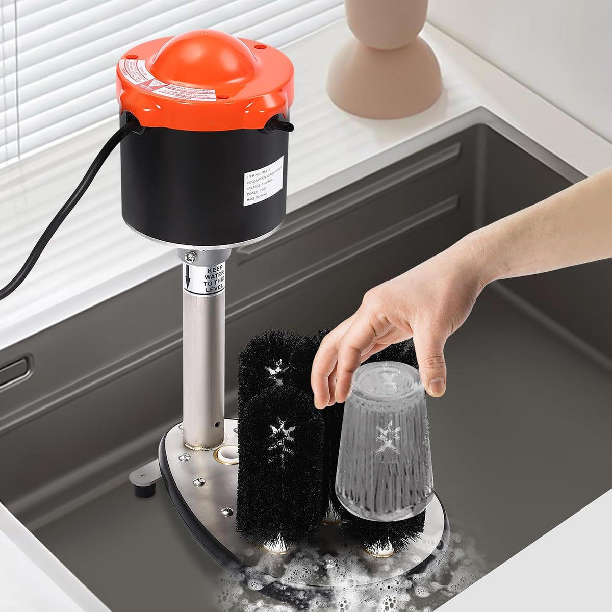 Electric Cup Cleaning Machine Commercial, 304 Stainless Steel Glass Washer for Bars & Cafes with 5 Brushes, 200