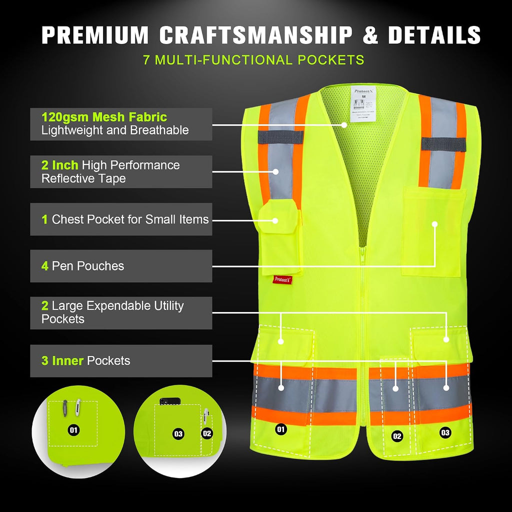 High Visibility ANSI Class 2 Safety Vest with 7 Pockets | Reflective Mesh Safety Vest for Men & Women, Lightweight