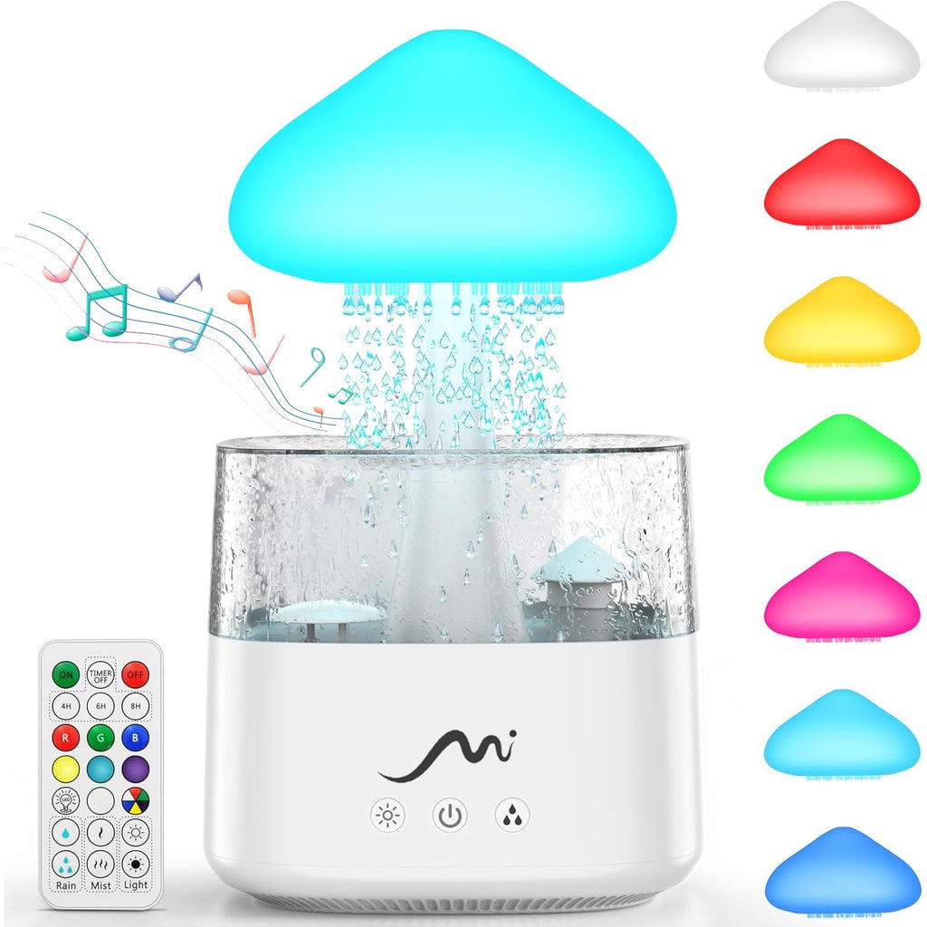 Rain Cloud Humidifier for Bedroom with Remote Control, Built-in Sound Speaker, Aromatherapy Water Drip Diffuser, LED