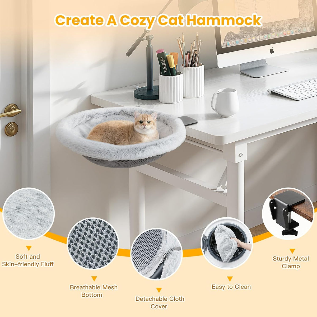 Cat Desk Bed, One-Click Foldable Sunken Cats Hammock up to 40lbs