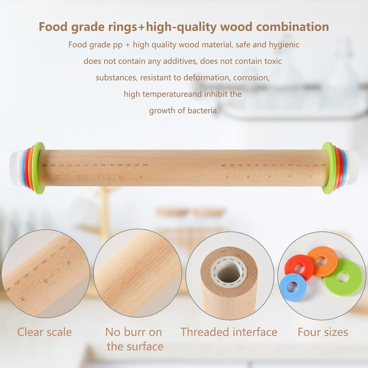Wood Rolling Pin With 4 Adjustable Thickness Rings, Non-stick Dough Roller For Baking, 17 Inch Pizza Roller For