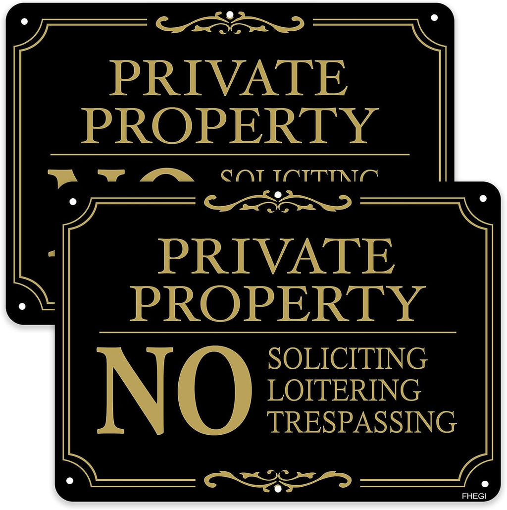 Private Property Sign, No Soliciting/No Loitering/No Trespassing/Warning Metal Signs, 2 Pack10 x 7 Inches Rust Free
