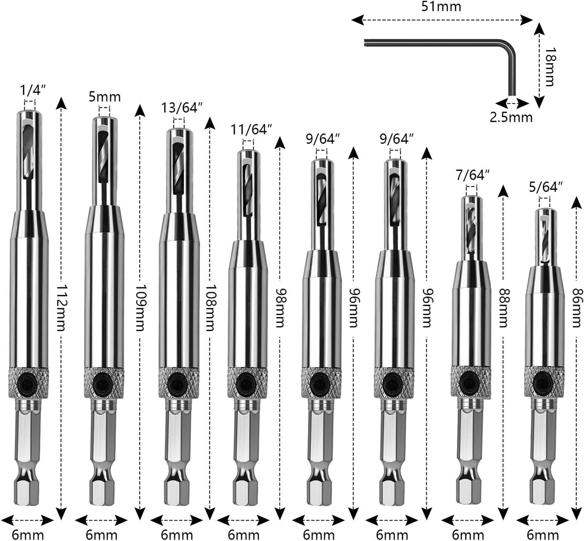 Werkzeug Self Centering Hinge Tapper Core Drill Bit Set for Woodworking, Adjustable Door Window Drill Bits with 1 Hex Key & 8 Replacement Drill Bits (5/64-1/4 Inches), 16 Pieces