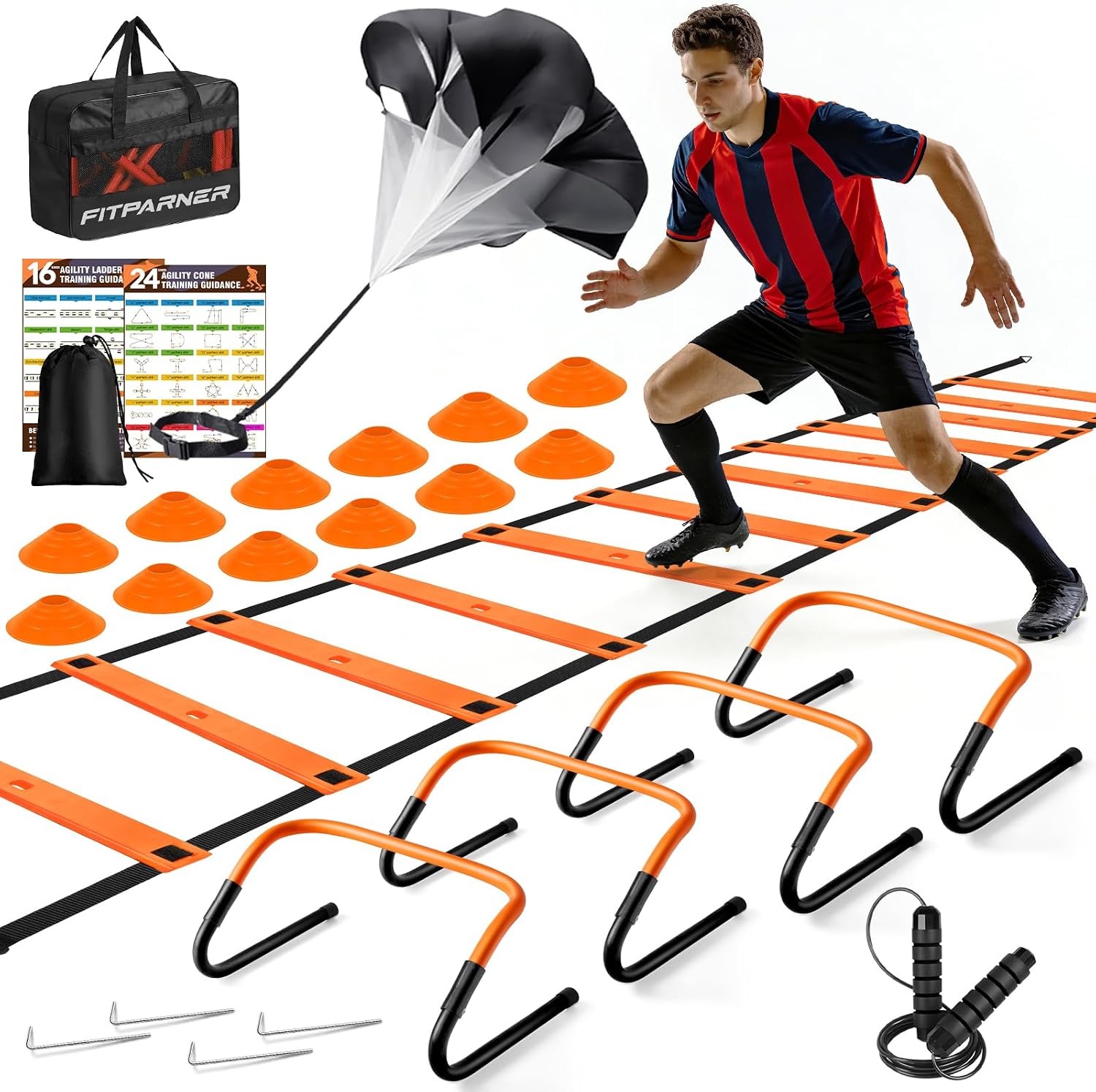 Agility Ladder, Soccer Football Training Equipment Set - 20ft Speed Ladder, 4 Hurdles,Parachute, 12 Cones & Jump Rope