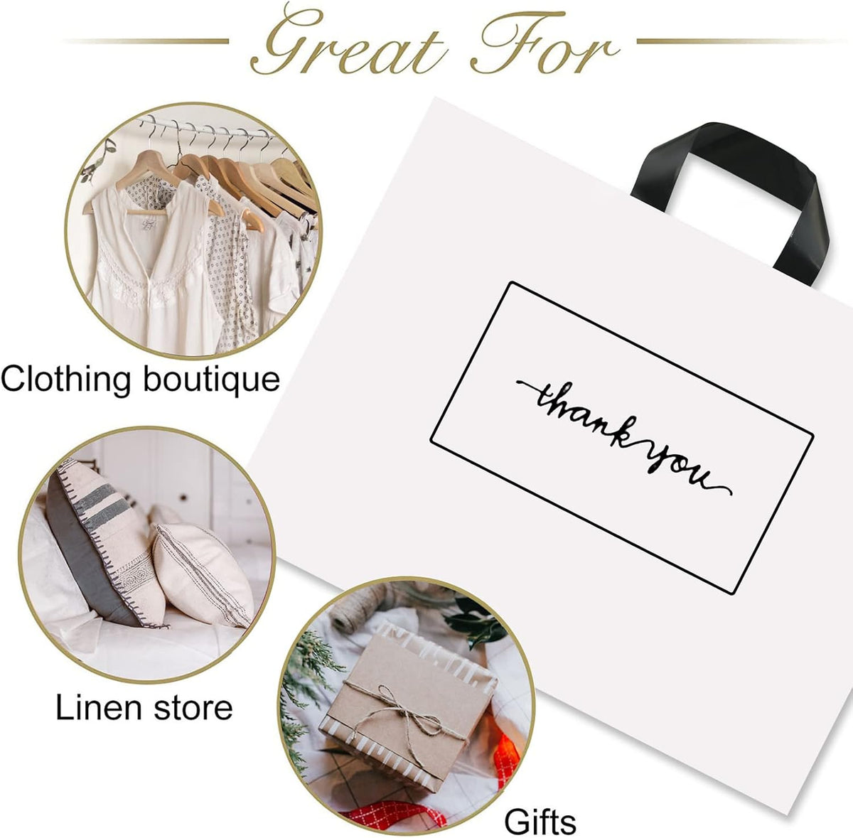 Thank You Shopping Bags - Soft Loop Handles White 50Pcs 12x15In