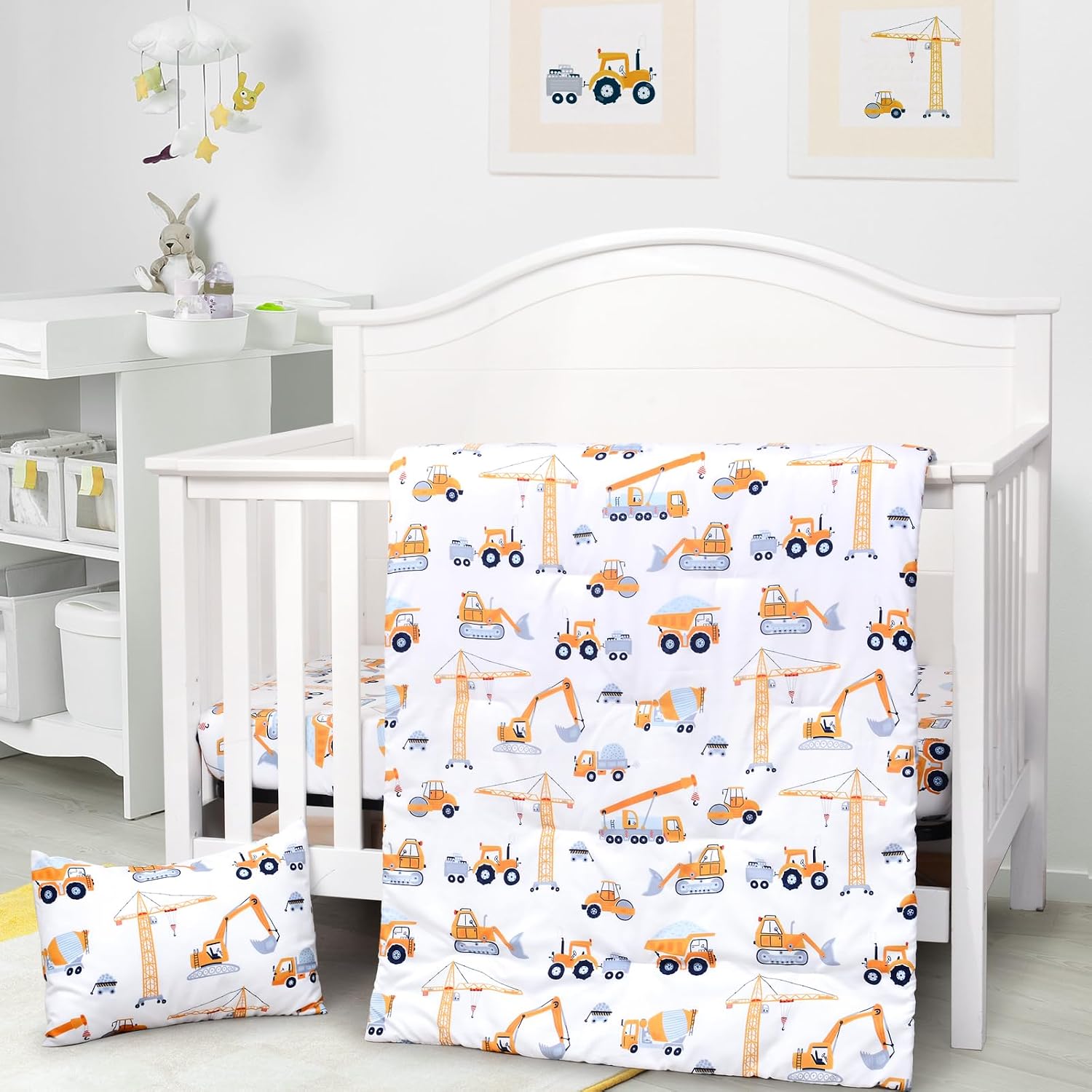 3 Piece Crib Bedding Set Soft Baby Crib Bedding Set Construction Trucks Crib Comforter Set - Comforter Sheet