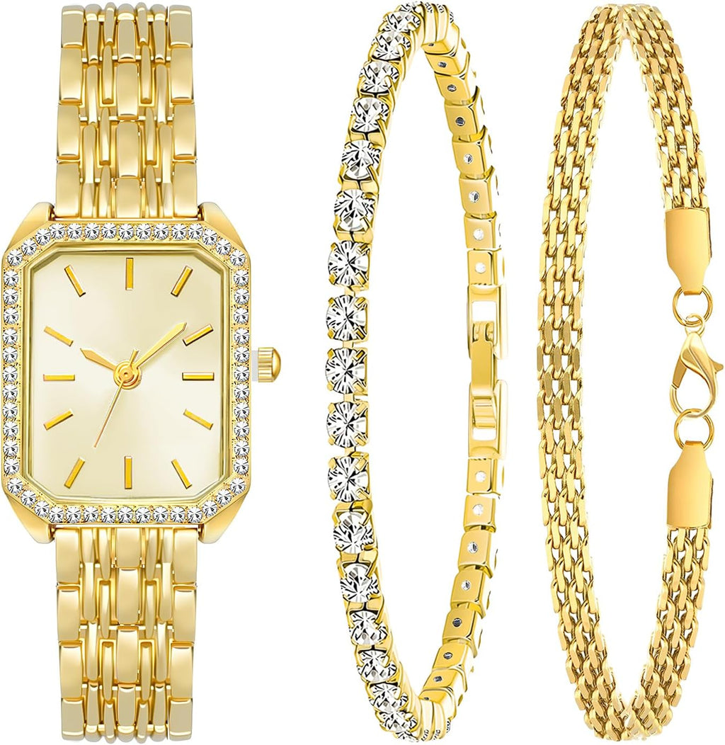 3 Pieces Women Gold Watch Bracelets Set Fashion Costume Jewelry Stainless Steel Gold Plated Square Wristwatch Diamond