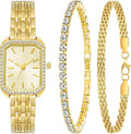 3 Pieces Women Gold Watch Bracelets Set Fashion Costume Jewelry Stainless Steel Gold Plated Square Wristwatch Diamond