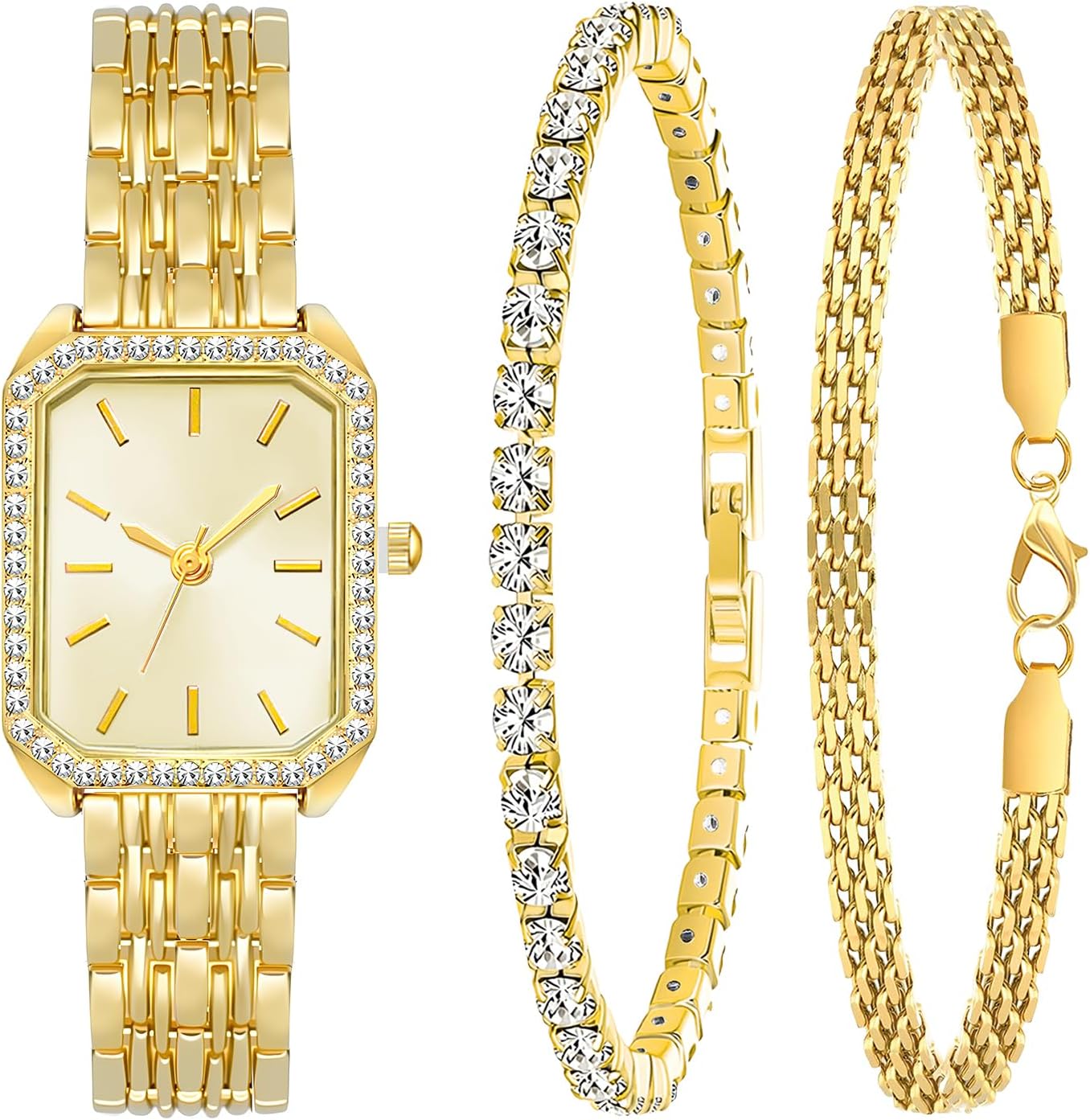 3 Pieces Women Gold Watch Bracelets Set Fashion Costume Jewelry Stainless Steel Gold Plated Square Wristwatch Diamond