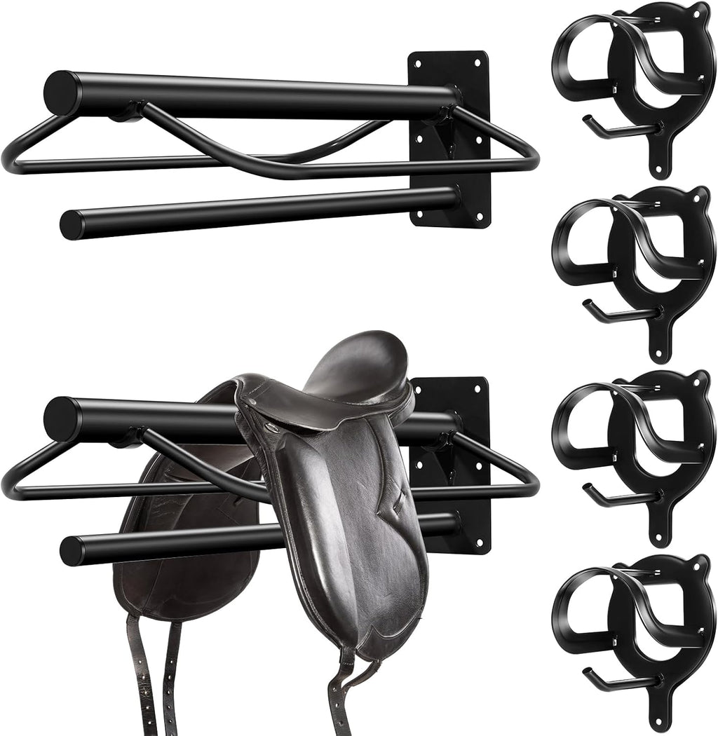 6 Pack Saddle Rack Wall Mount with Pad Bar Horse Bridle Rack Metal Bracket Bridle Hooks Detachable Portable Saddle