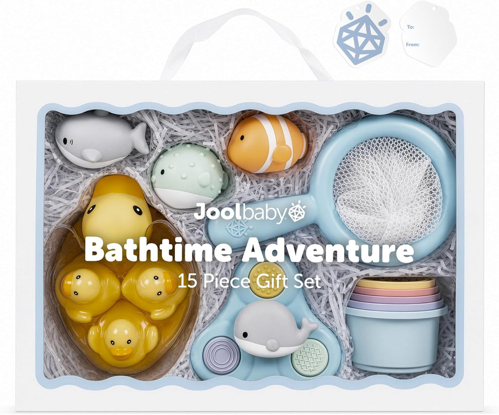 Jool Baby 15-Piece Bathtub Toys Gift Set – Bath Squirts, Rubber Ducks, Whale Fidget Spinner Toy – Bath Toy Storage