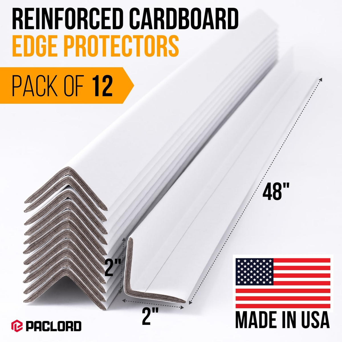 48" x 2" x 2" Reinforced Cardboard Edge Protectors, White (Pack of 12) – 0.225" Thick Extra Heavy-Duty Cardboard