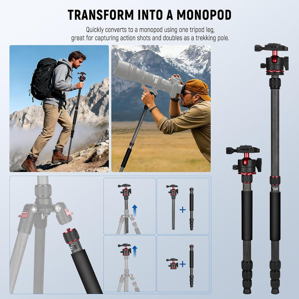 Basics Carbon Fiber Travel Tripod Monopod, 64" Compact Lightweight Portable Camera Cell Phone Holder Stand Compatible