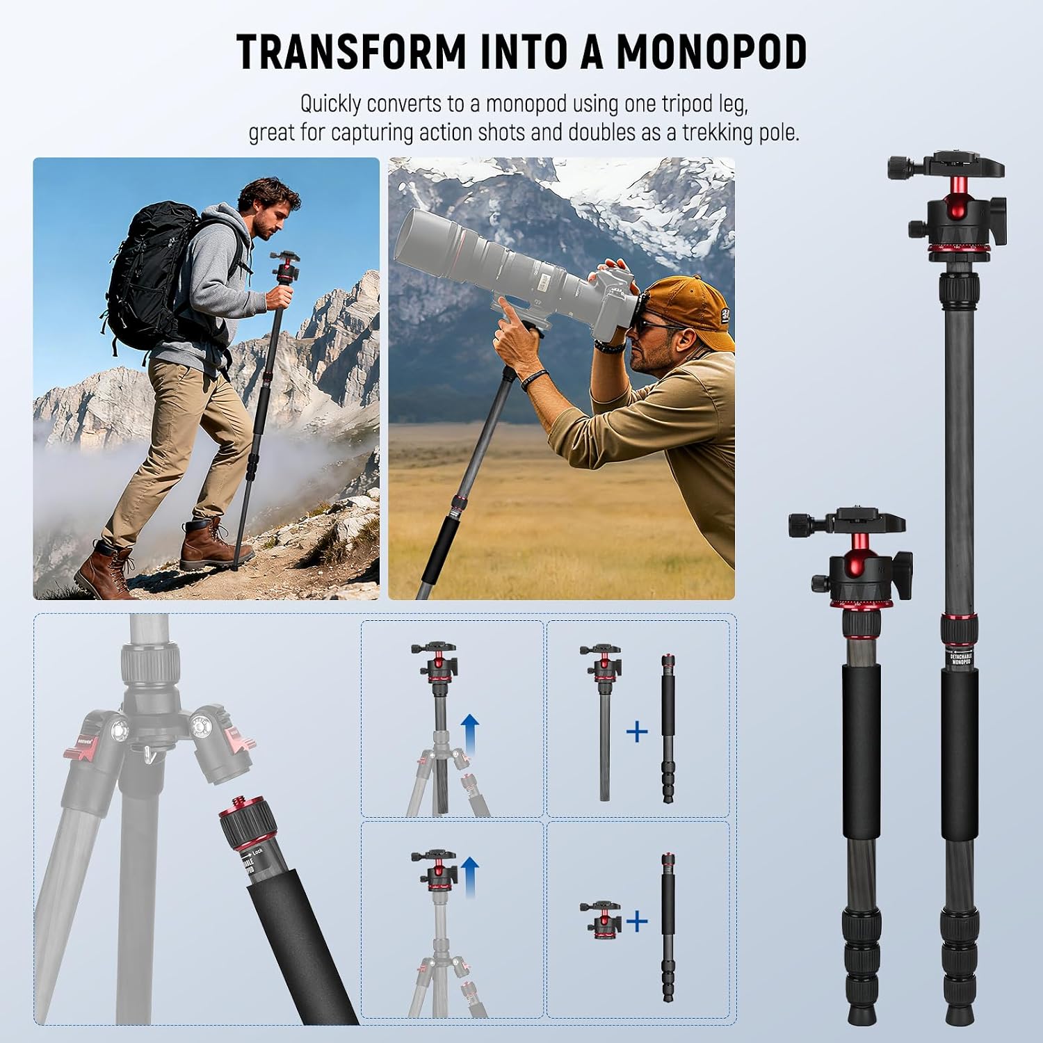 Basics Carbon Fiber Travel Tripod Monopod, 64" Compact Lightweight Portable Camera Cell Phone Holder Stand Compatible