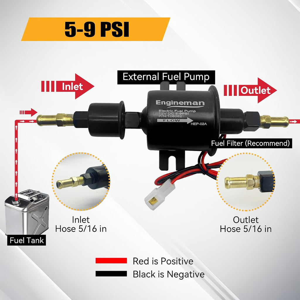 Universal Electric Fuel Pump Kit 12V 5-9 PSI Low Pressure with Fuel Filters 6 Hose Clamps 6.56 FT 5/16" ID Fuel Line