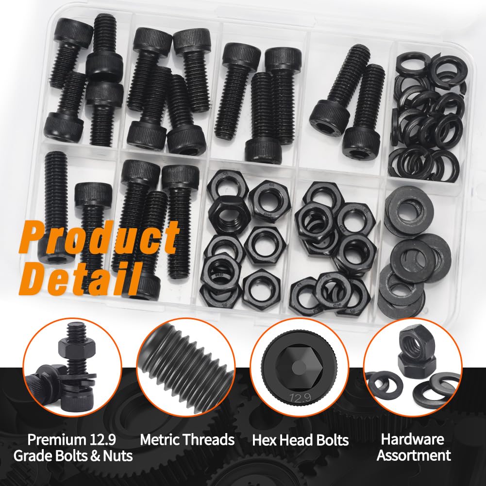 12.9 Grade M8 Screws Assortment Kit, 72pcs Bolts and Nuts Washers Set