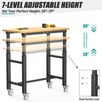 Workbench with Wheels, Adjustable Height Work Table, 42“ x 20”