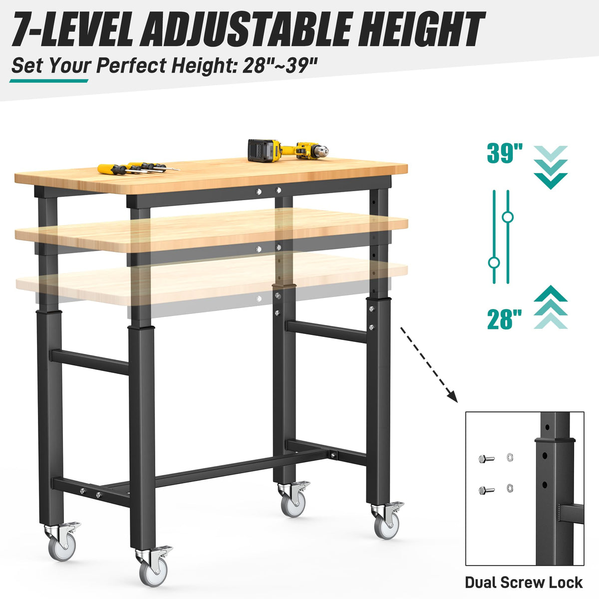 Workbench with Wheels, Adjustable Height Work Table, 42“ x 20”