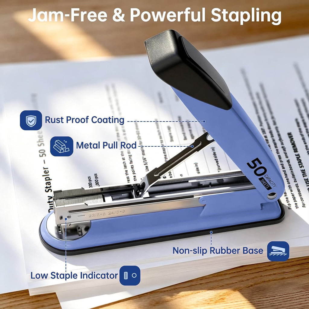 Metal Stapler Heavy Duty for Desk - 50 Sheet Capacity with 2000 Pieces 1/4", 5/16" Staples and Staple Remover, No