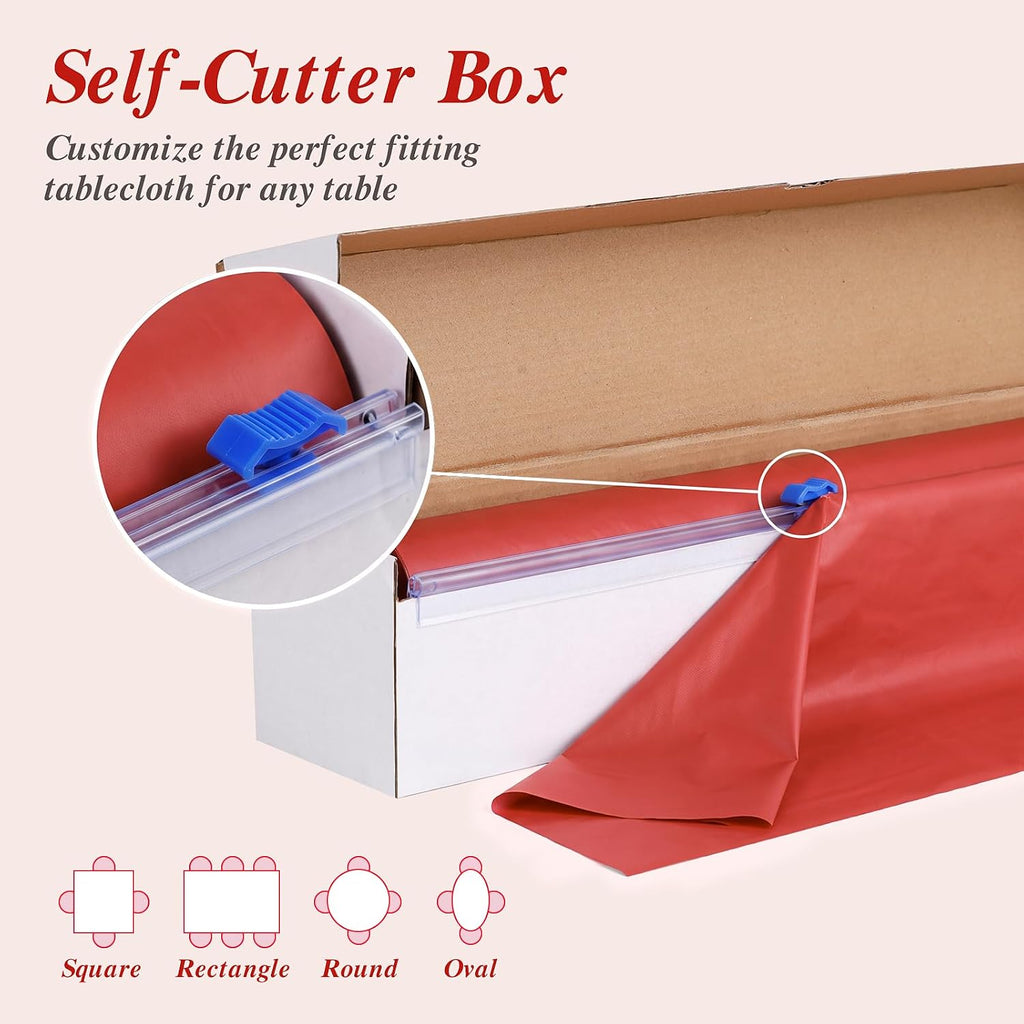 54 Inch x 300 Feet Red Plastic Tablecloth Roll with Cutter Box