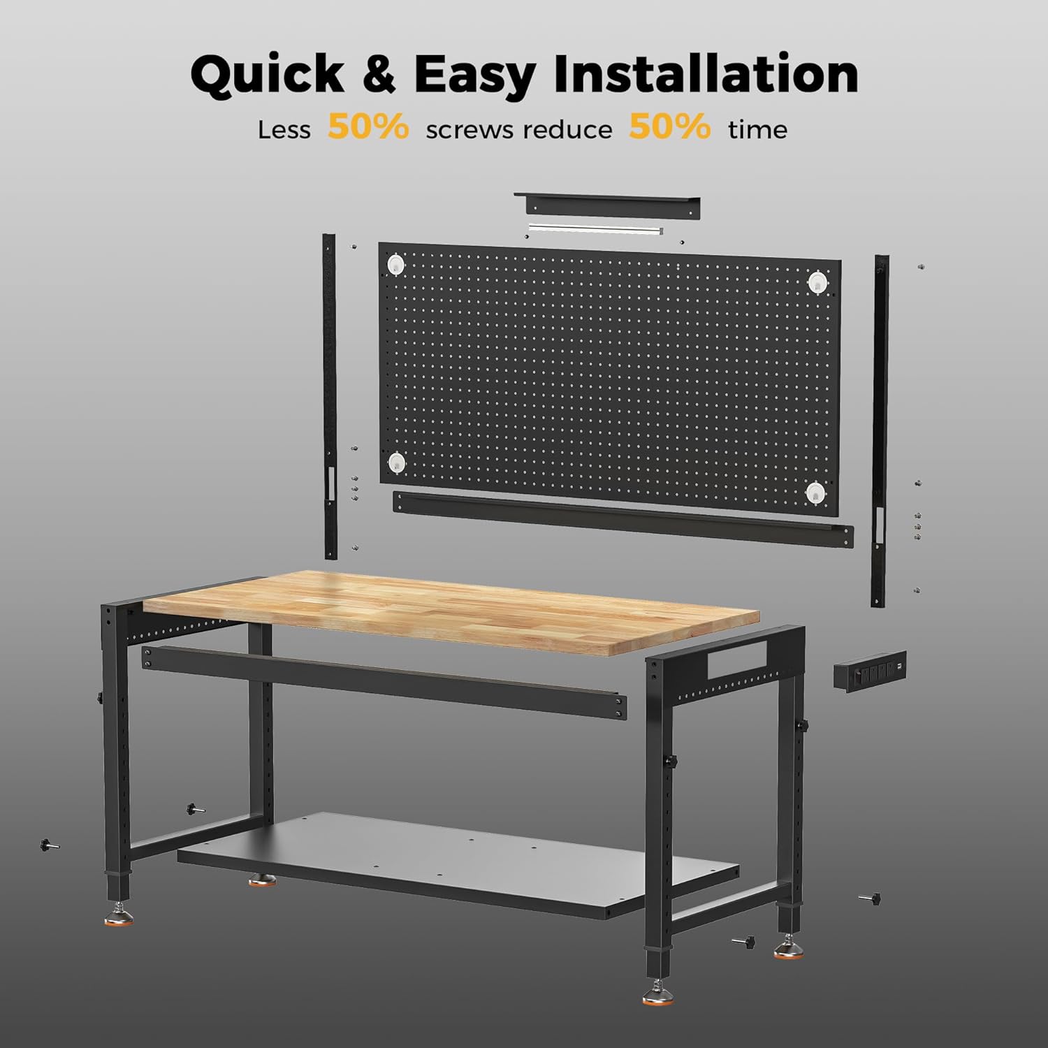 48x24 Inch Garage Work Bench with Storage, Pegboard & Power Strip | Heavy Duty Adjustable Workbench With 2000 lb
