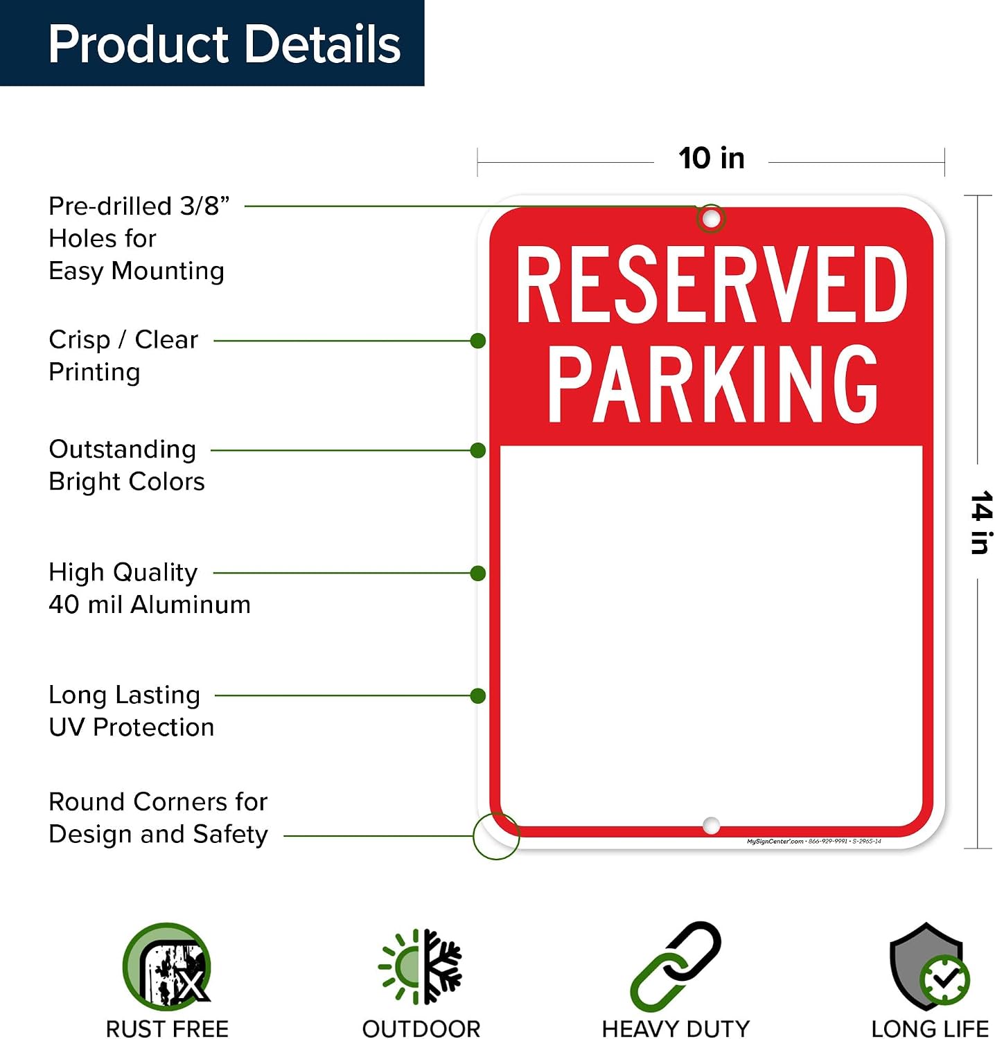 Reserved Parking Sign, Custom Parking Signs for Business, 10x14 Inches, Rust Free .040 Aluminum, Fade Resistant, Made