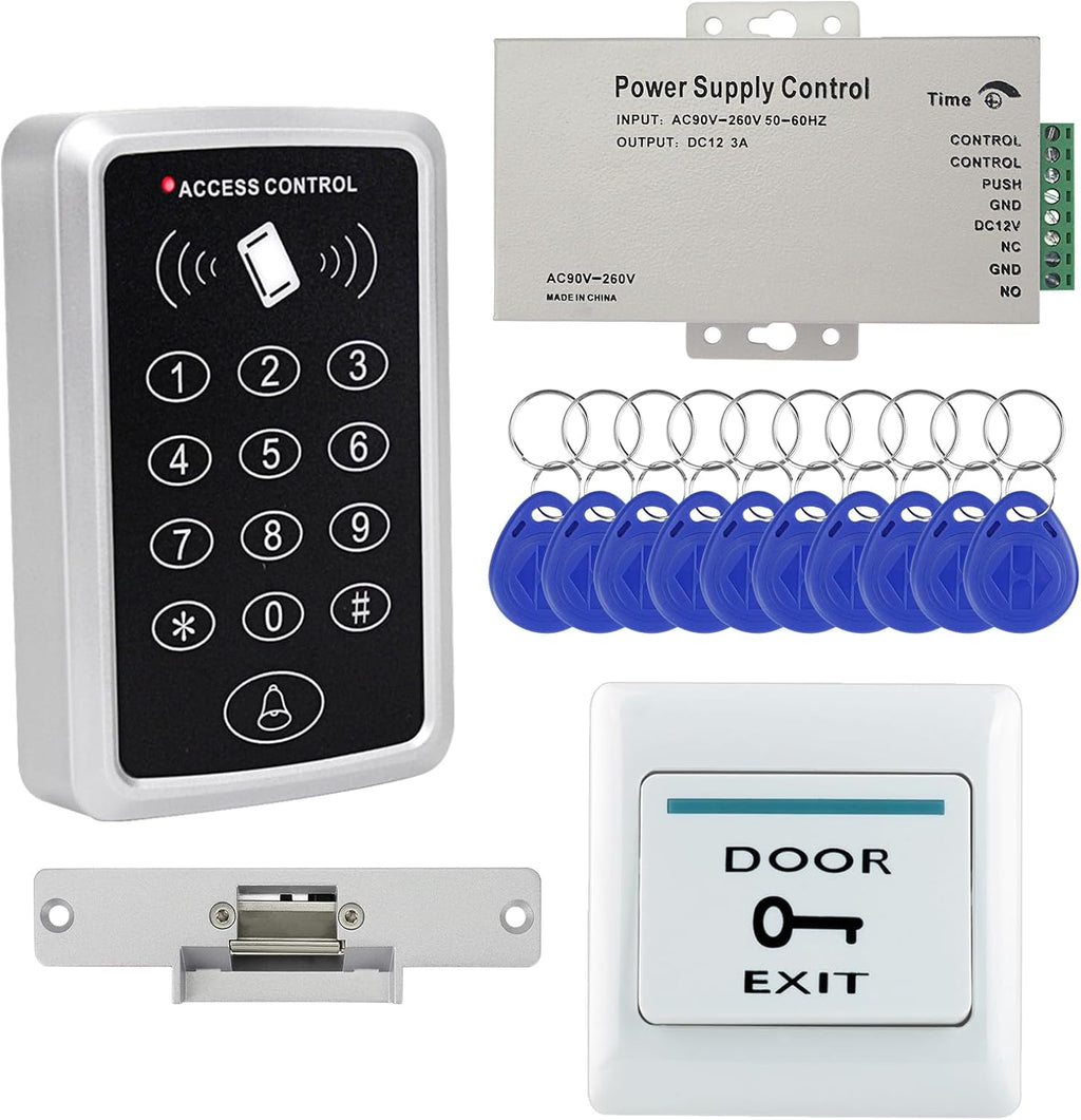 Door Access Control System Kit with NC Electric Strike Lock + 125KHz Access Control Keypad + DC12V 3A Power Supply +