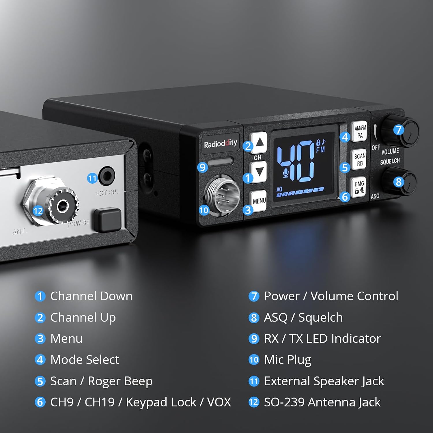 CB-606 CB Radio AM/FM/PA, 40 Channels, 4W, 40 Channel, VOX | Compact Mobile Transceiver 2.2" LCD, Emergency Channels