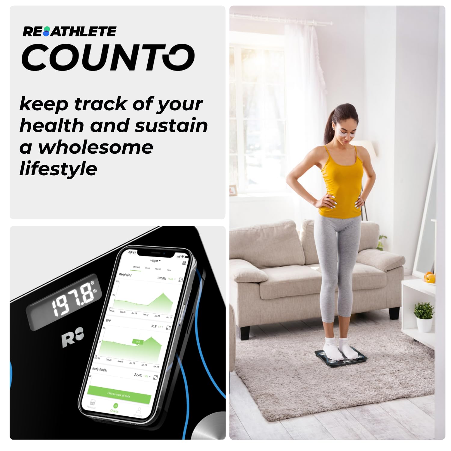 COUNTO Smart Scale- Digital Scale Measuring Body Parameters| Smart Bluetooth Body Fat Measurement Device, Body