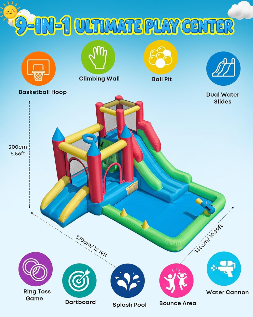 Inflatable Water Slide, 9-in-1 Bounce House for Kids Ages 3–6, Wet or Dry Bouncy Castle with Trampoline, Climbing